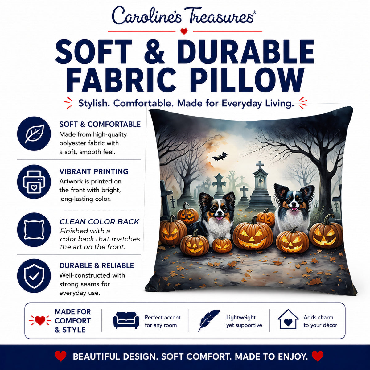 Caroline's Treasures DAC2070PW1818 Papillon Spooky Halloween Fabric Decorative Pillow Machine Washable, Indoor Outdoor Decorative Pillow for Couch, Bed or Patio, 18Hx18W