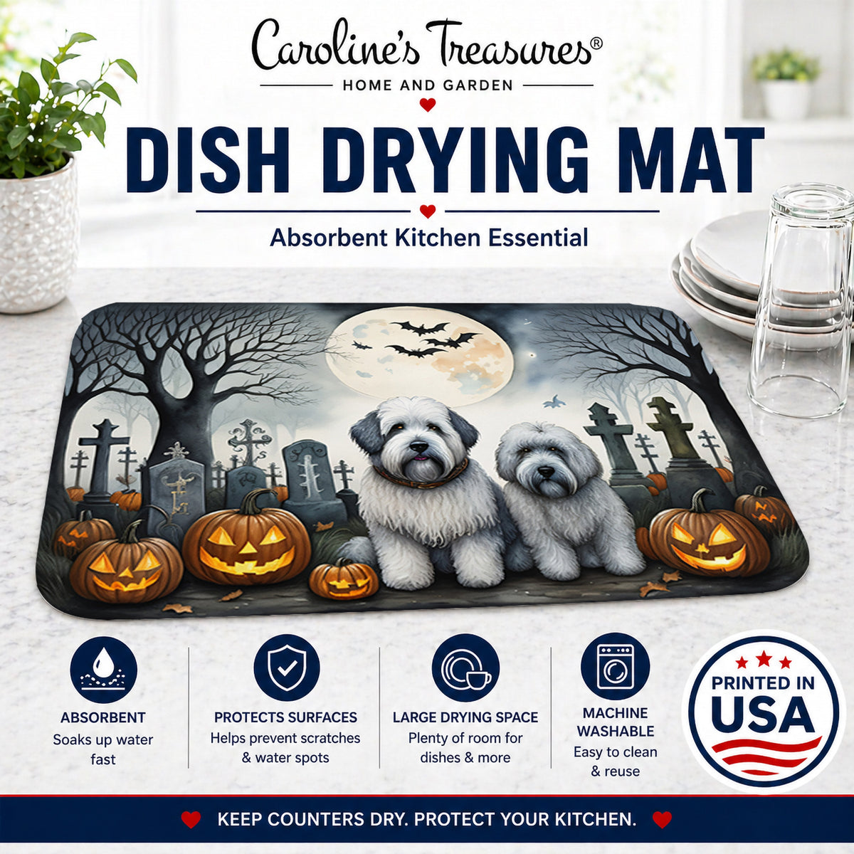 Caroline's Treasures DAC2071DDM Old English Sheepdog Spooky Halloween Dish Drying Mat Absorbent Dish Drying Mat Pad for Kitchen Counter Dish Drainer Mat for Countertop, 14 x 21, Multicolor