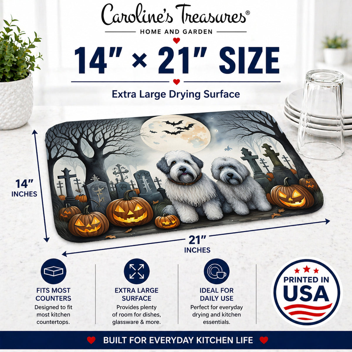 Caroline's Treasures DAC2071DDM Old English Sheepdog Spooky Halloween Dish Drying Mat Absorbent Dish Drying Mat Pad for Kitchen Counter Dish Drainer Mat for Countertop, 14 x 21, Multicolor