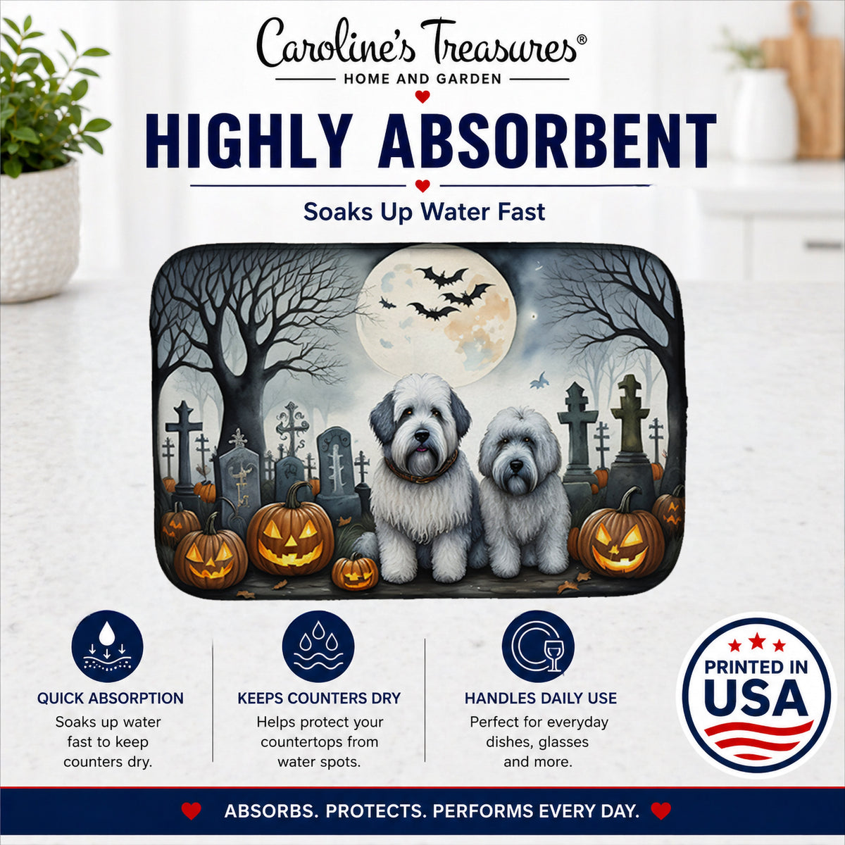 Caroline's Treasures DAC2071DDM Old English Sheepdog Spooky Halloween Dish Drying Mat Absorbent Dish Drying Mat Pad for Kitchen Counter Dish Drainer Mat for Countertop, 14 x 21, Multicolor