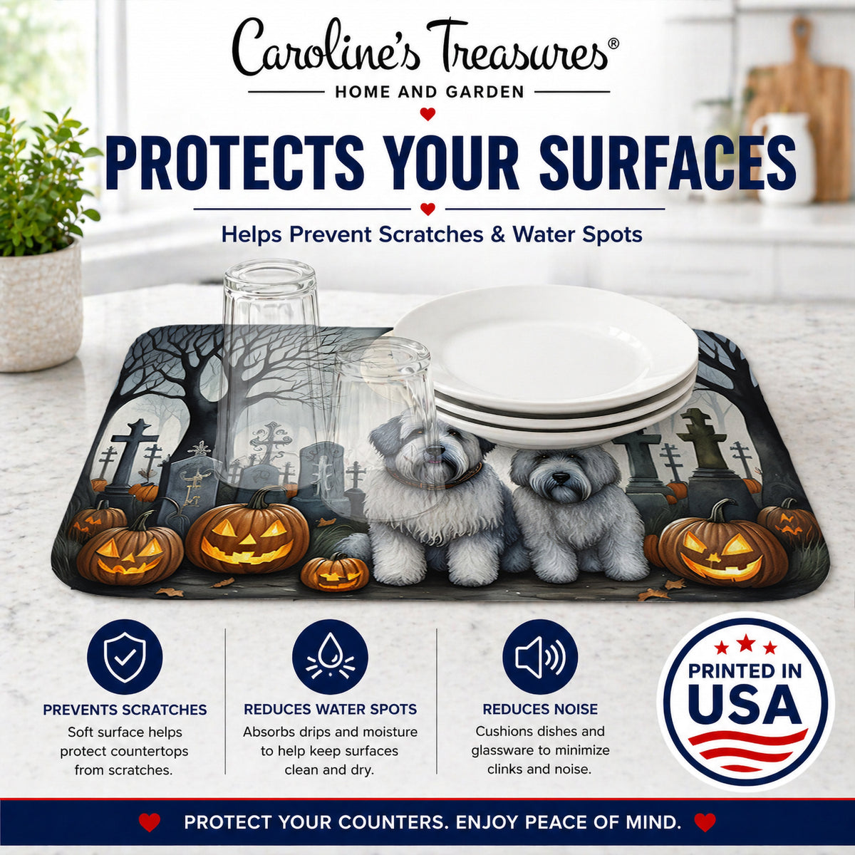 Caroline's Treasures DAC2071DDM Old English Sheepdog Spooky Halloween Dish Drying Mat Absorbent Dish Drying Mat Pad for Kitchen Counter Dish Drainer Mat for Countertop, 14 x 21, Multicolor