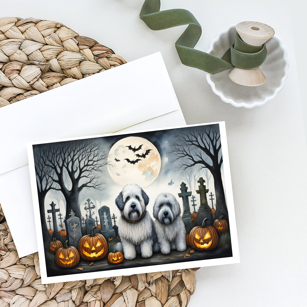 Caroline's Treasures DAC2071GCA7P Old English Sheepdog Spooky Halloween Greeting Cards and Envelopes Pack of 8 Blank Cards with Envelopes Whimsical A7 Size 5x7 Blank Greeting Cards