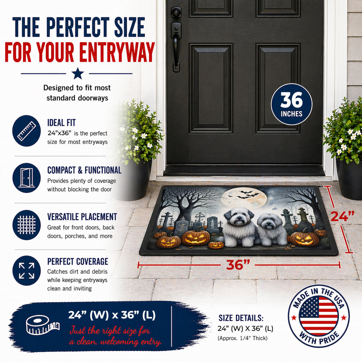 Caroline's Treasures DAC2071JMAT Old English Sheepdog Spooky Halloween Indoor or Outdoor Mat 24x36 Front Door Mat Indoor Outdoor Rugs for Entryway, Non Slip Washable Low Pile, 24H X 36W