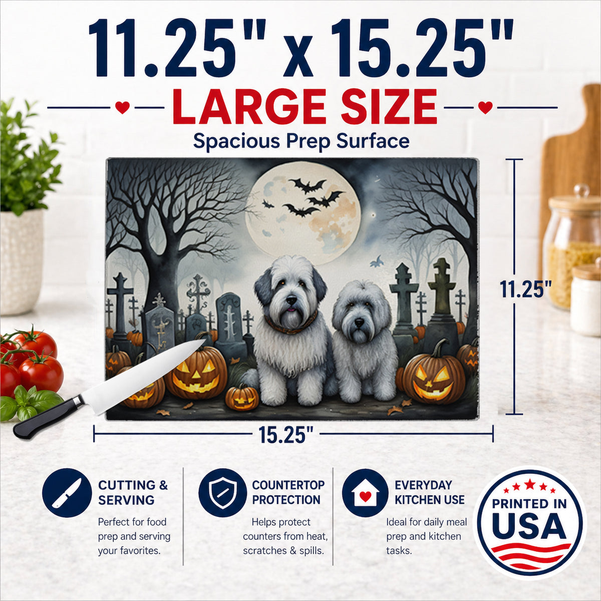 Caroline's Treasures DAC2071LCB Old English Sheepdog Spooky Halloween Glass Cutting Board Large Decorative Tempered Glass Kitchen Cutting and Serving Board Large Size Chopping Board