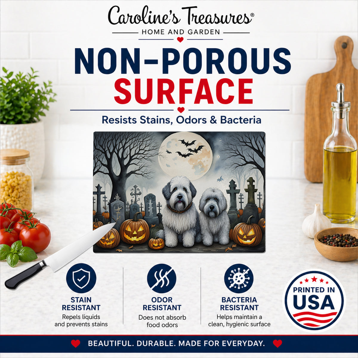 Caroline's Treasures DAC2071LCB Old English Sheepdog Spooky Halloween Glass Cutting Board Large Decorative Tempered Glass Kitchen Cutting and Serving Board Large Size Chopping Board