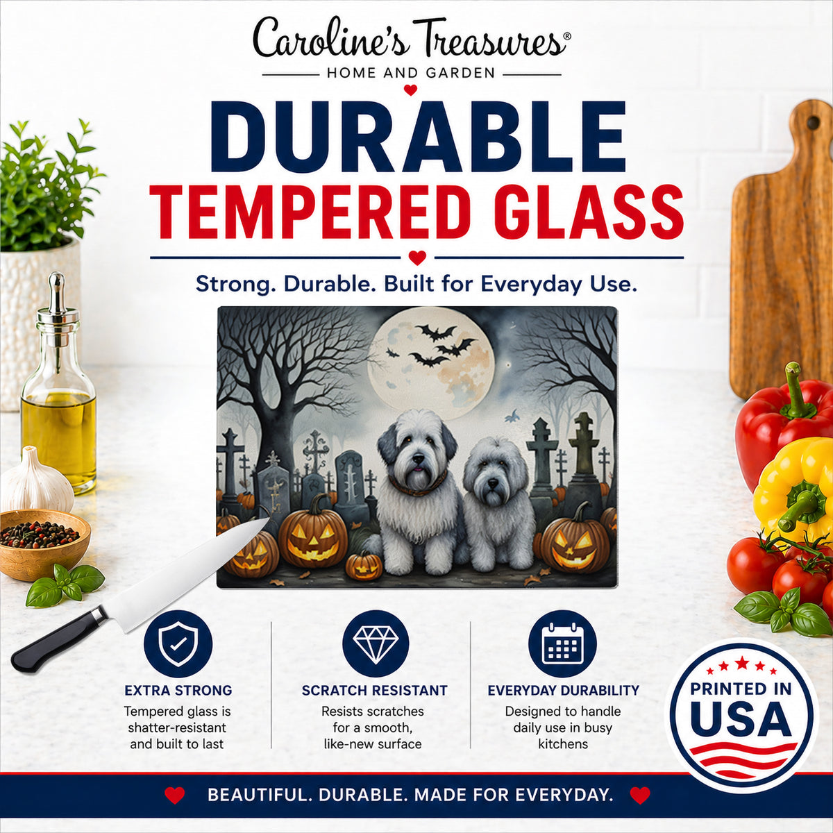 Caroline's Treasures DAC2071LCB Old English Sheepdog Spooky Halloween Glass Cutting Board Large Decorative Tempered Glass Kitchen Cutting and Serving Board Large Size Chopping Board