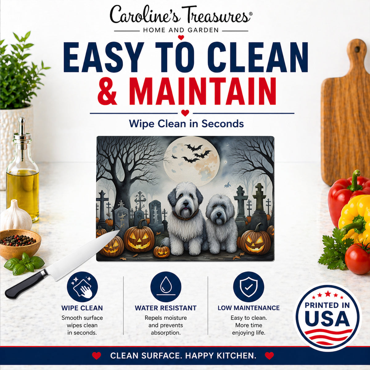 Caroline's Treasures DAC2071LCB Old English Sheepdog Spooky Halloween Glass Cutting Board Large Decorative Tempered Glass Kitchen Cutting and Serving Board Large Size Chopping Board