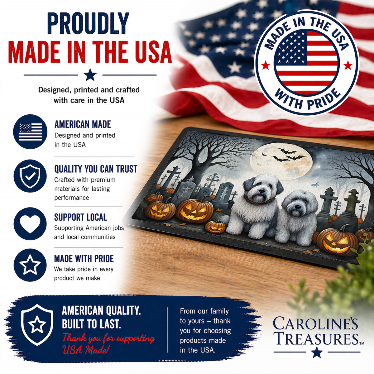 Caroline's Treasures DAC2071MAT Old English Sheepdog Spooky Halloween Doormat 18x27 Front Door Mat Indoor Outdoor Rugs for Entryway, Non Slip Washable Low Pile, 18H X 27W