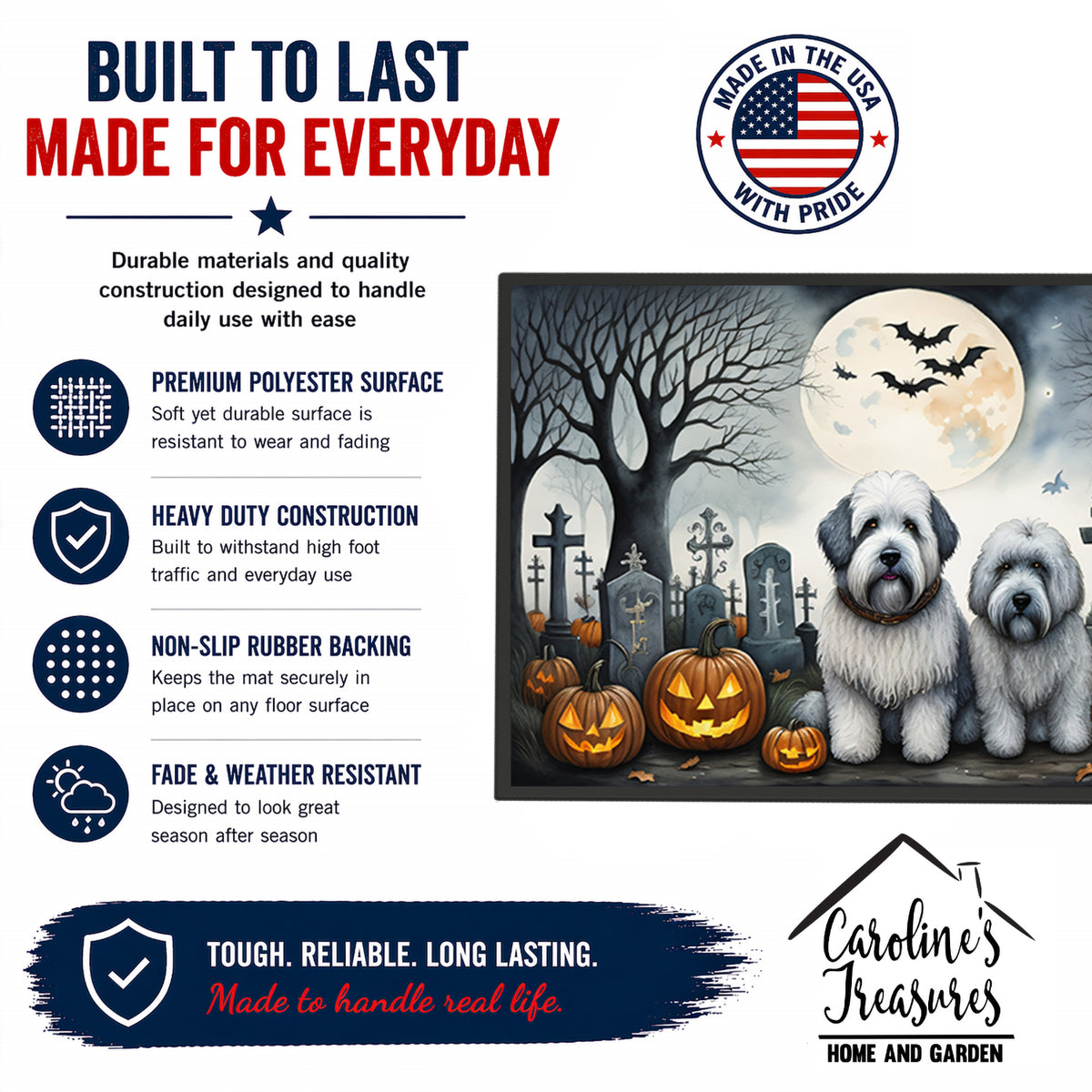 Caroline's Treasures DAC2071MAT Old English Sheepdog Spooky Halloween Doormat 18x27 Front Door Mat Indoor Outdoor Rugs for Entryway, Non Slip Washable Low Pile, 18H X 27W