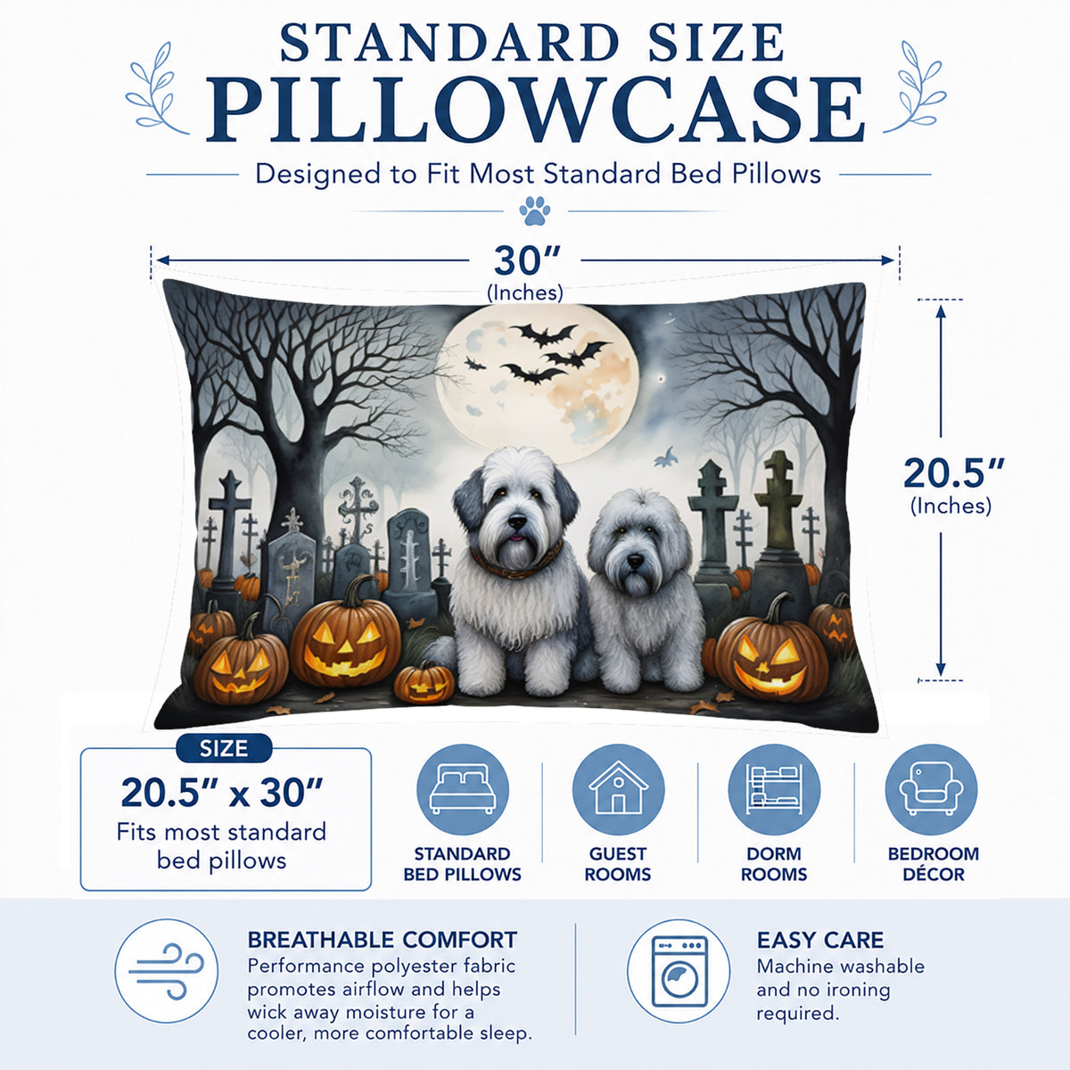 Caroline's Treasures DAC2071PILLOWCASE Old English Sheepdog Spooky Halloween Fabric Standard Pillowcase Lightweight Super Soft Easy Care Decorative Artwork Pillowcase, Standard