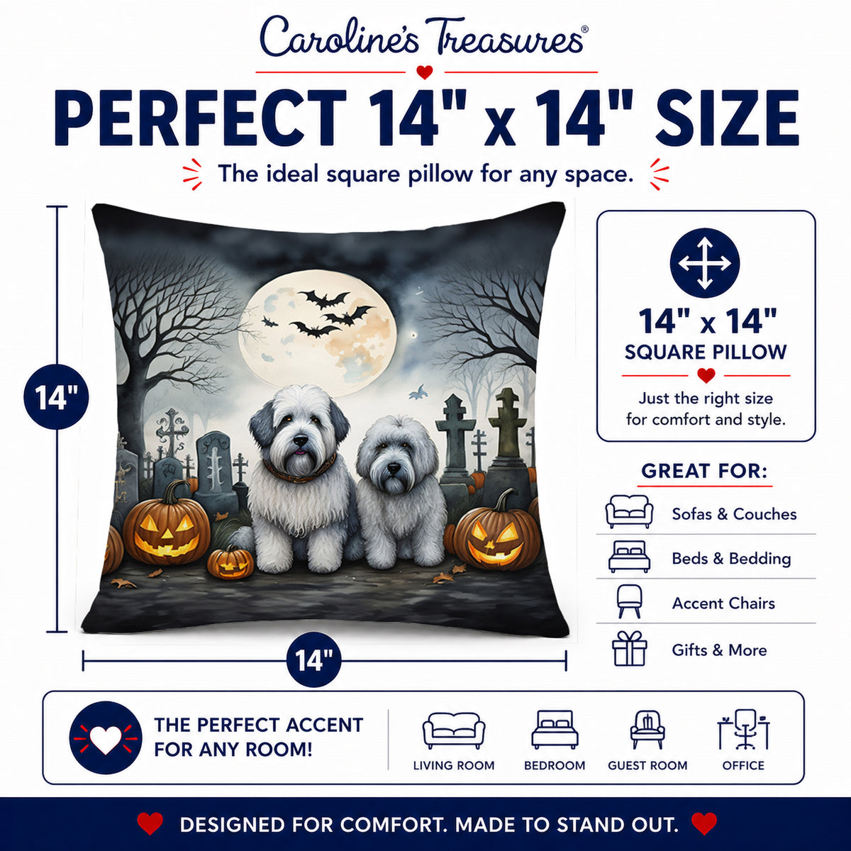 Caroline's Treasures DAC2071PW1414 Old English Sheepdog Spooky Halloween Fabric Decorative Pillow Machine Washable, Indoor Outdoor Decorative Pillow for Couch, Bed or Patio, 14Hx14W