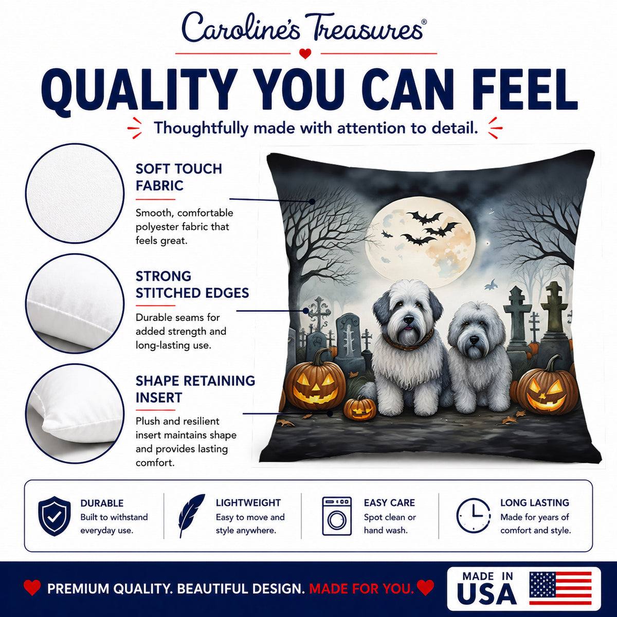 Caroline's Treasures DAC2071PW1414 Old English Sheepdog Spooky Halloween Fabric Decorative Pillow Machine Washable, Indoor Outdoor Decorative Pillow for Couch, Bed or Patio, 14Hx14W