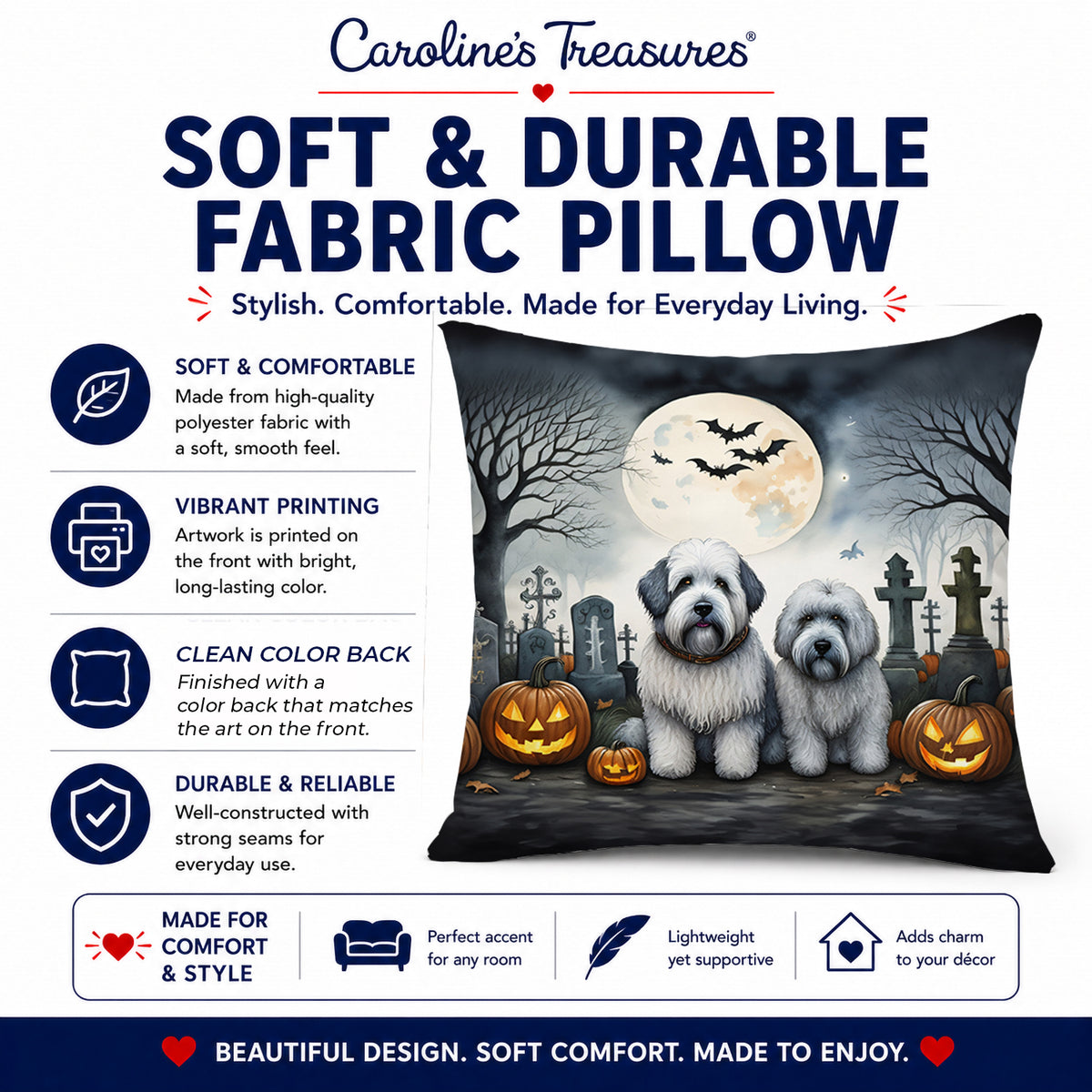 Caroline's Treasures DAC2071PW1818 Old English Sheepdog Spooky Halloween Fabric Decorative Pillow Machine Washable, Indoor Outdoor Decorative Pillow for Couch, Bed or Patio, 18Hx18W