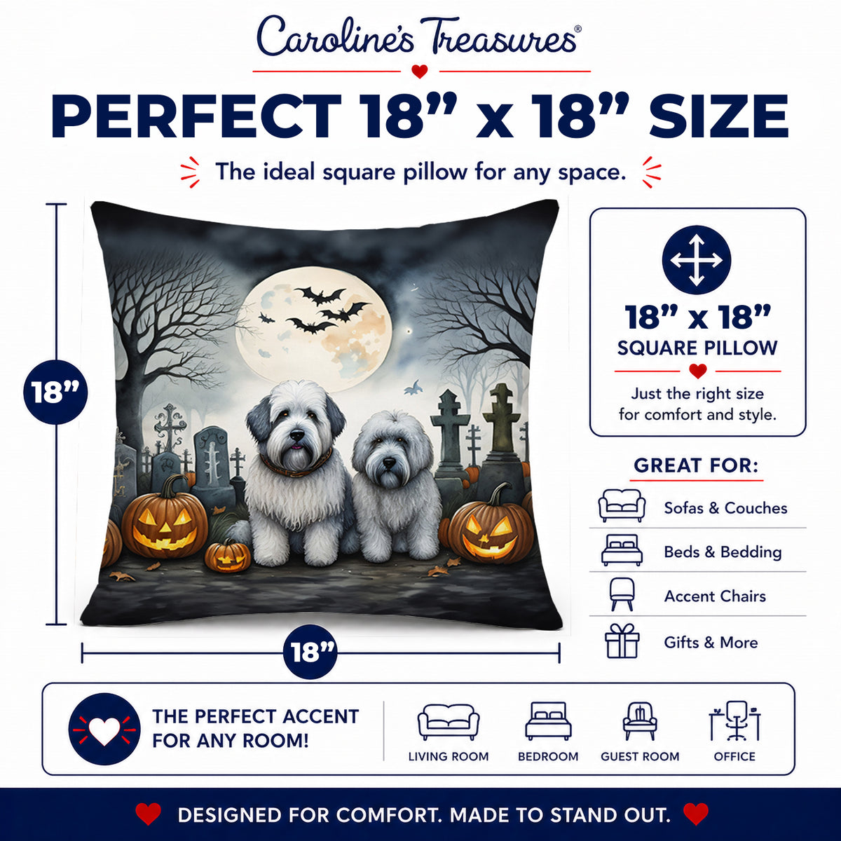 Caroline's Treasures DAC2071PW1818 Old English Sheepdog Spooky Halloween Fabric Decorative Pillow Machine Washable, Indoor Outdoor Decorative Pillow for Couch, Bed or Patio, 18Hx18W