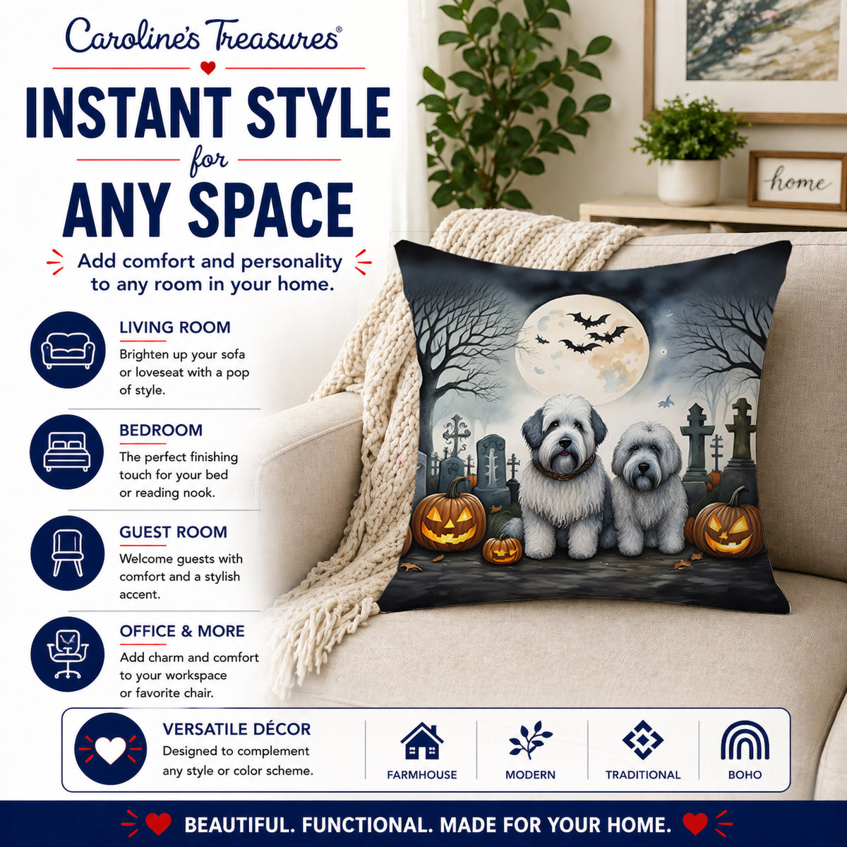 Caroline's Treasures DAC2071PW1818 Old English Sheepdog Spooky Halloween Fabric Decorative Pillow Machine Washable, Indoor Outdoor Decorative Pillow for Couch, Bed or Patio, 18Hx18W