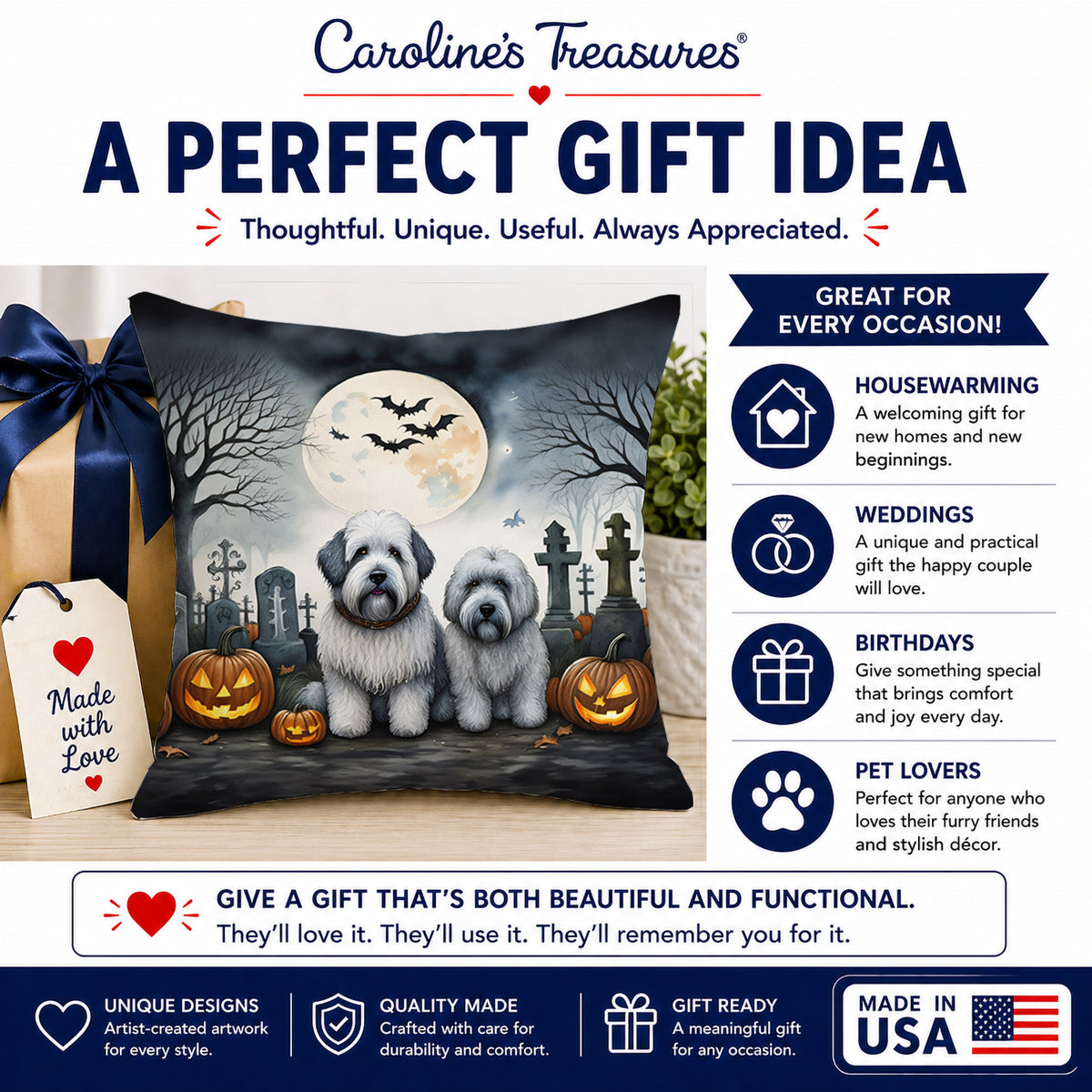 Caroline's Treasures DAC2071PW1818 Old English Sheepdog Spooky Halloween Fabric Decorative Pillow Machine Washable, Indoor Outdoor Decorative Pillow for Couch, Bed or Patio, 18Hx18W