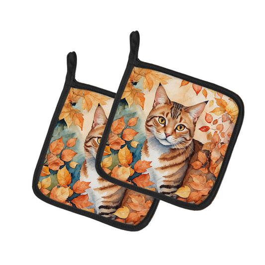 Caroline's Treasures Aegean Cat in Fall Leaves Pair of Pot Holders Kitchen Heat Resistant Pot Holders Sets Oven Hot