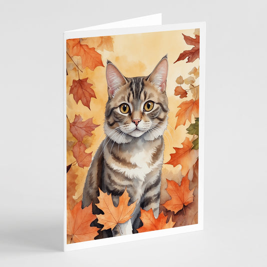 Caroline's Treasures American Bobtail Cat in Fall Leaves Greeting Cards Pack of 8 Blank Cards with Envelopes Whimsical