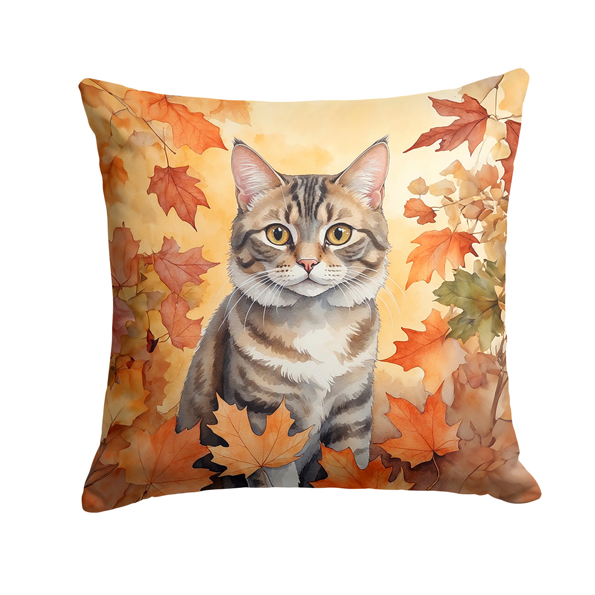 Caroline's Treasures American Bobtail Cat in Fall Leaves Throw Pillow Machine Washable, Indoor Outdoor Decorative