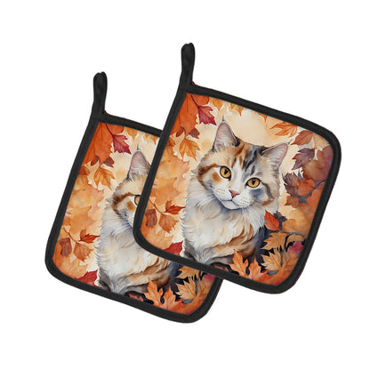 Caroline's Treasures American Curl Cat in Fall Leaves Pair of Pot Holders Kitchen Heat Resistant Pot Holders Sets Oven