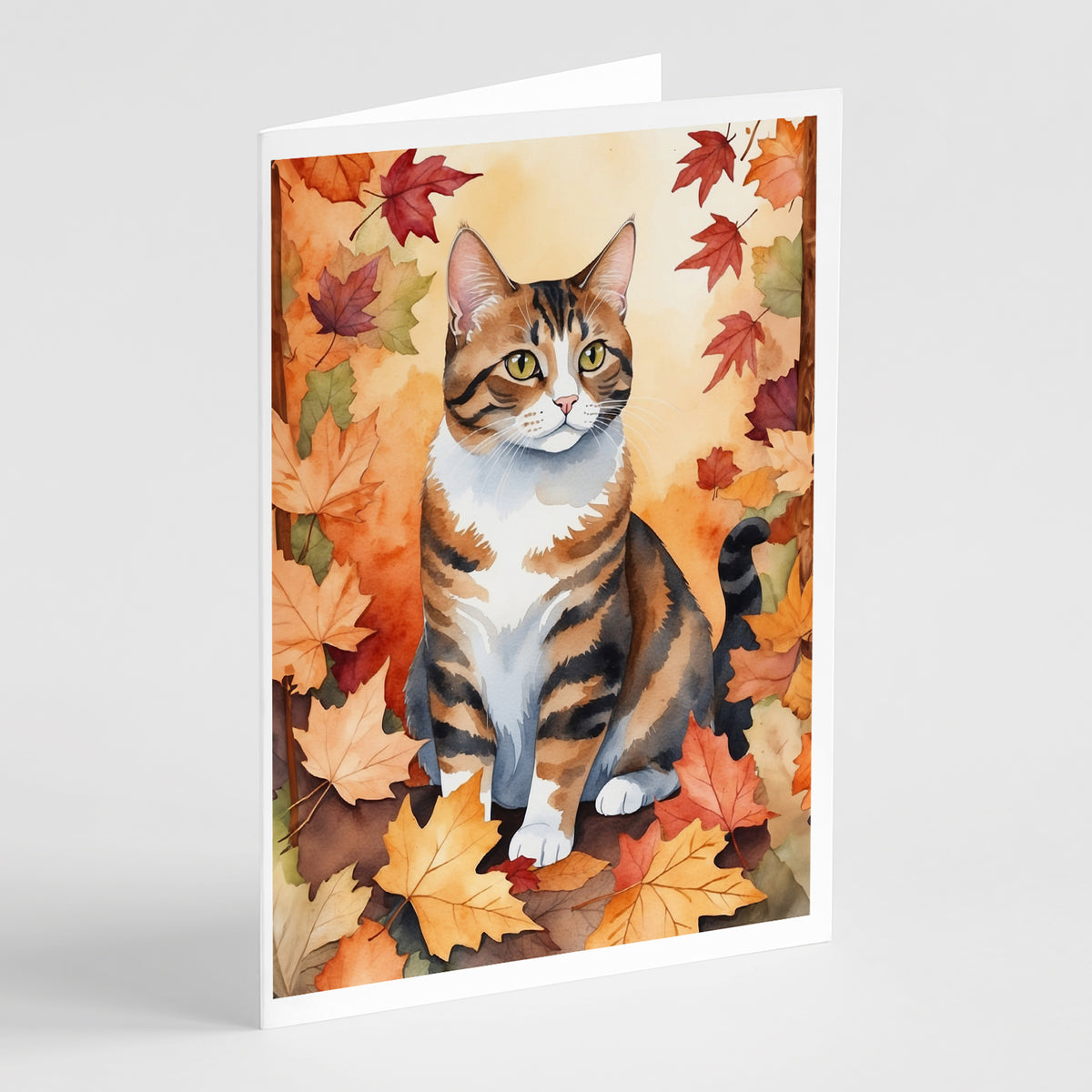 Caroline's Treasures American Polydactyl Cat in Fall Leaves Greeting Cards Pack of 8 Blank Cards with Envelopes