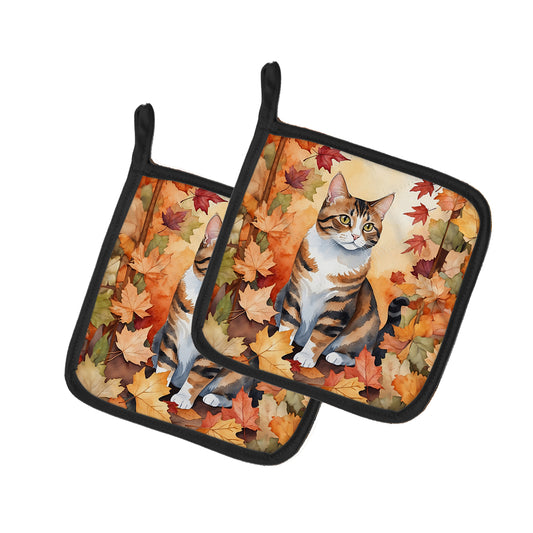 Caroline's Treasures American Polydactyl Cat in Fall Leaves Pair of Pot Holders Kitchen Heat Resistant Pot Holders Sets