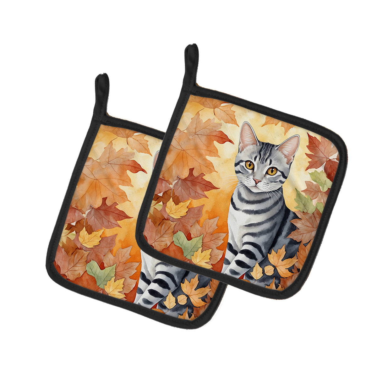 Caroline's Treasures American Shorthair Cat in Fall Leaves Pair of Pot Holders Kitchen Heat Resistant Pot Holders Sets