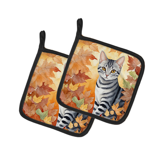 Caroline's Treasures American Shorthair Cat in Fall Leaves Pair of Pot Holders Kitchen Heat Resistant Pot Holders Sets