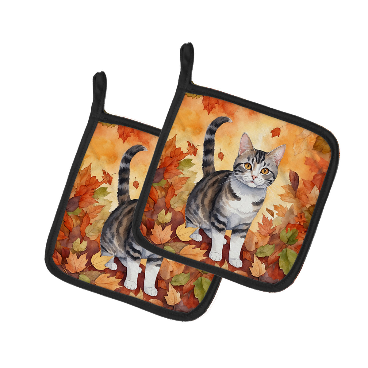 Caroline's Treasures American Wirehair Cat in Fall Leaves Pair of Pot Holders Kitchen Heat Resistant Pot Holders Sets