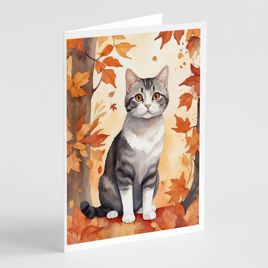 Caroline's Treasures American Wirehair Cat in Fall Leaves Greeting Cards Pack of 8 Blank Cards with Envelopes Whimsical