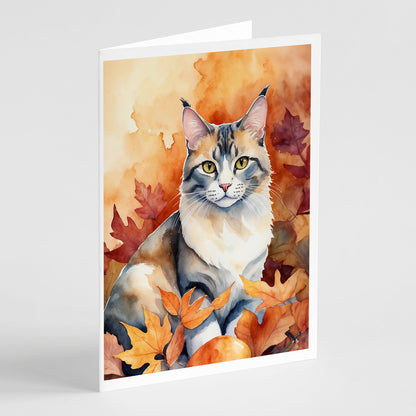 Caroline's Treasures Aphrodite Giant Cat in Fall Leaves Greeting Cards Pack of 8 Blank Cards with Envelopes Whimsical