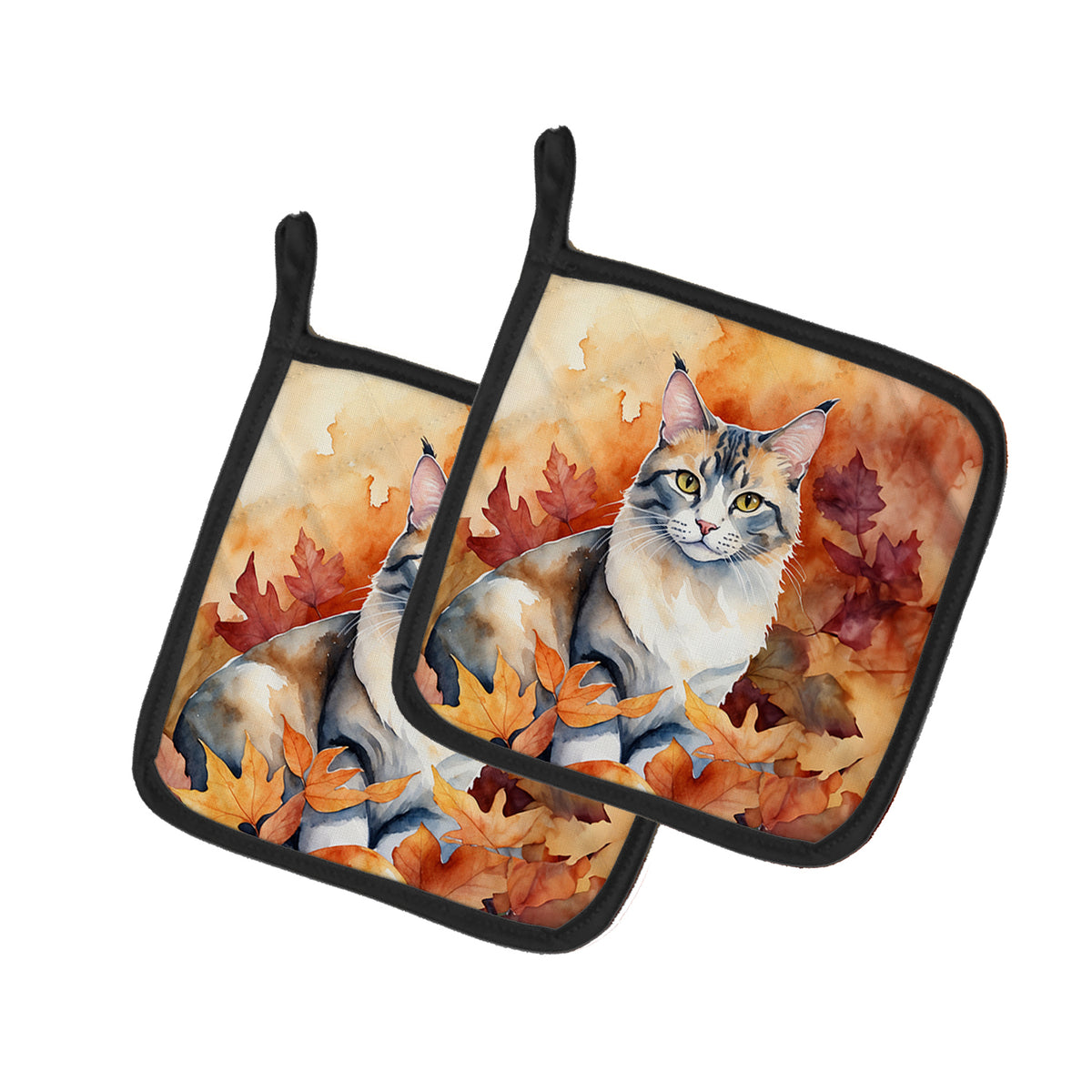 Caroline's Treasures Aphrodite Giant Cat in Fall Leaves Pair of Pot Holders Kitchen Heat Resistant Pot Holders Sets