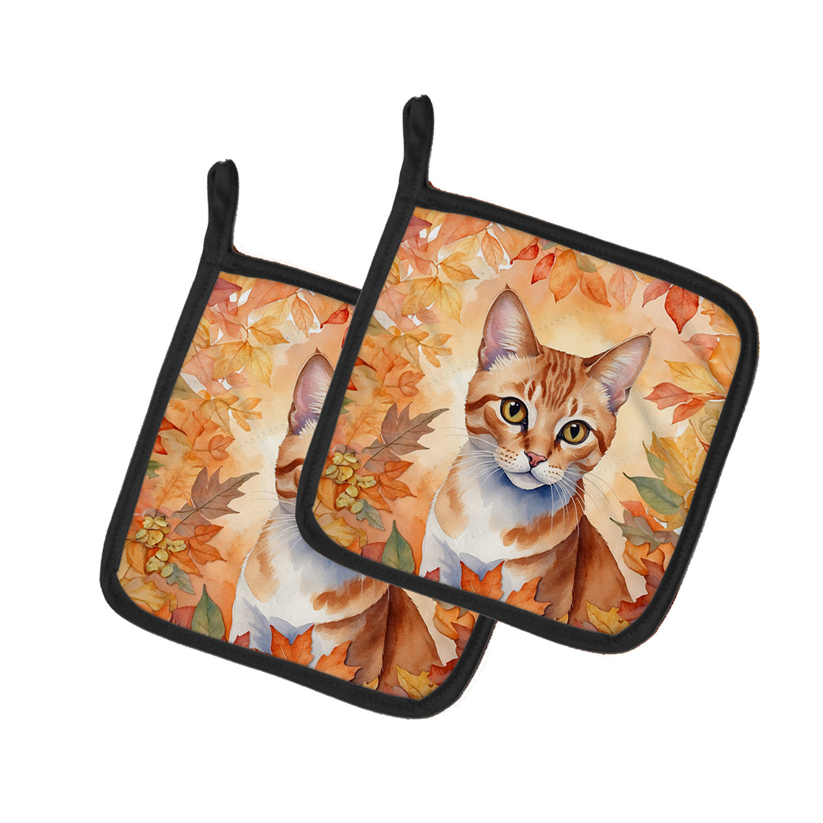 Caroline's Treasures Arabian Mau Cat in Fall Leaves Pair of Pot Holders Kitchen Heat Resistant Pot Holders Sets Oven