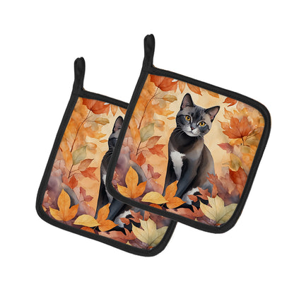 Caroline's Treasures Asian Cat in Fall Leaves Pair of Pot Holders Kitchen Heat Resistant Pot Holders Sets Oven Hot Pads