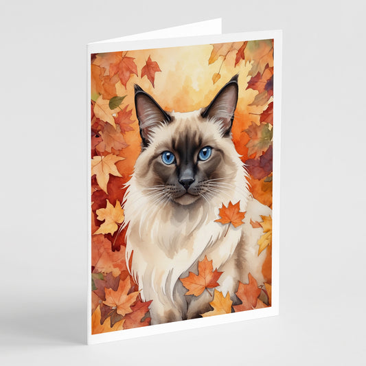 Caroline's Treasures Balinese Cat in Fall Leaves Greeting Cards Pack of 8 Blank Cards with Envelopes Whimsical A7 Size