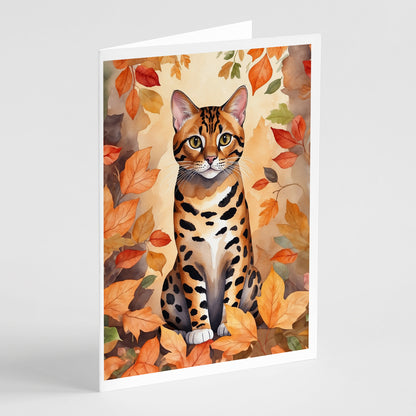 Caroline's Treasures Bengal Cat in Fall Leaves Greeting Cards Pack of 8 Blank Cards with Envelopes Whimsical A7 Size