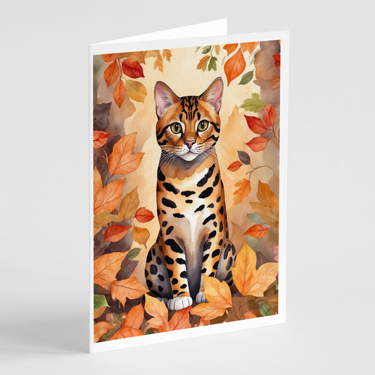 Caroline's Treasures Bengal Cat in Fall Leaves Greeting Cards Pack of 8 Blank Cards with Envelopes Whimsical A7 Size