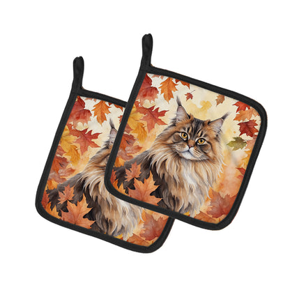 Caroline's Treasures British Longhair Cat in Fall Leaves Pair of Pot Holders Kitchen Heat Resistant Pot Holders Sets