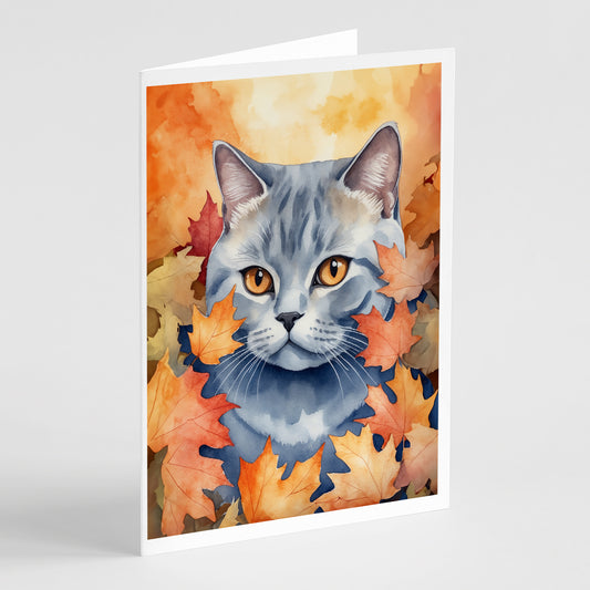 Caroline's Treasures British Shorthair Cat in Fall Leaves Greeting Cards Pack of 8 Blank Cards with Envelopes Whimsical