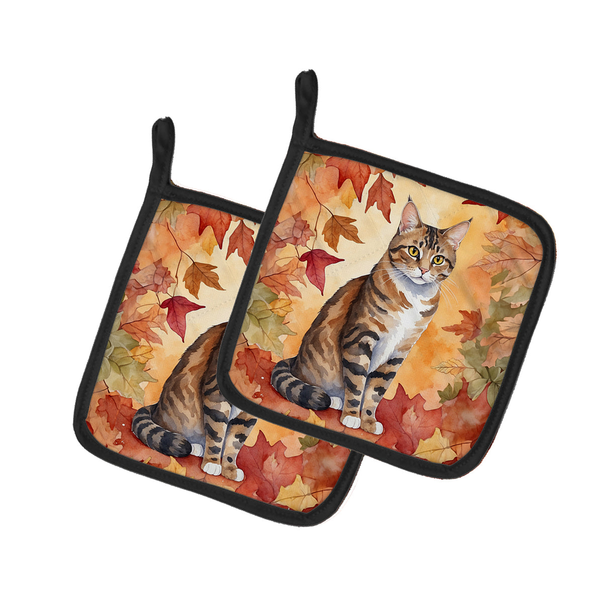 Caroline's Treasures California Spangled Cat in Fall Leaves Pair of Pot Holders Kitchen Heat Resistant Pot Holders Sets