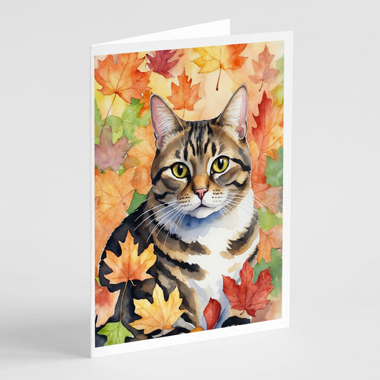 Caroline's Treasures California Spangled Cat in Fall Leaves Greeting Cards Pack of 8 Blank Cards with Envelopes