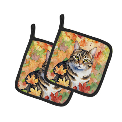 Caroline's Treasures California Spangled Cat in Fall Leaves Pair of Pot Holders Kitchen Heat Resistant Pot Holders Sets