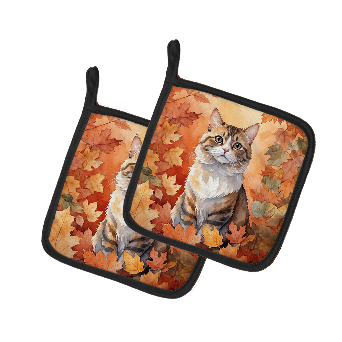Caroline's Treasures Chantilly Tiffany Cat in Fall Leaves Pair of Pot Holders Kitchen Heat Resistant Pot Holders Sets