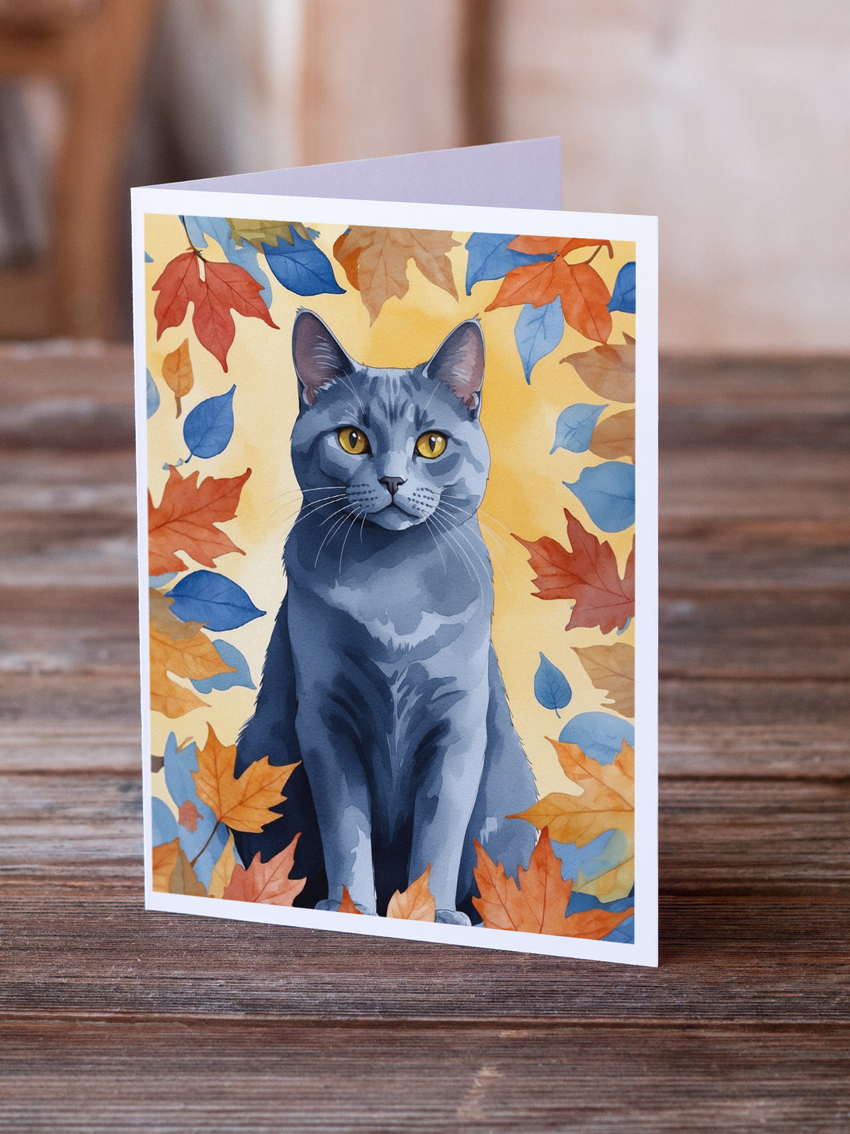 Caroline's Treasures Chartreux Cat in Fall Leaves Greeting Cards Pack of 8 Blank Cards with Envelopes Whimsical A7 Size - image 2