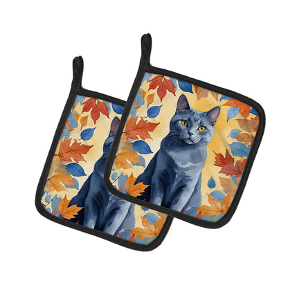 Caroline's Treasures Chartreux Cat in Fall Leaves Pair of Pot Holders Kitchen Heat Resistant Pot Holders Sets Oven Hot
