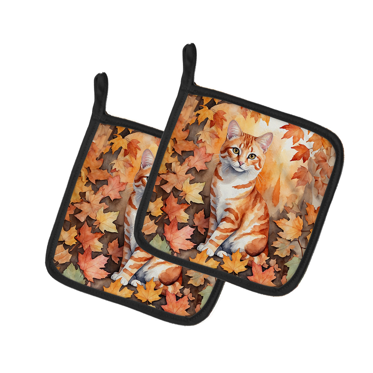 Caroline's Treasures Cheetoh Cat in Fall Leaves Pair of Pot Holders Kitchen Heat Resistant Pot Holders Sets Oven Hot