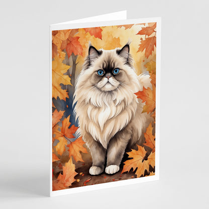 Caroline's Treasures Colorpoint Longhair Cat in Fall Leaves Greeting Cards Pack of 8 Blank Cards with Envelopes