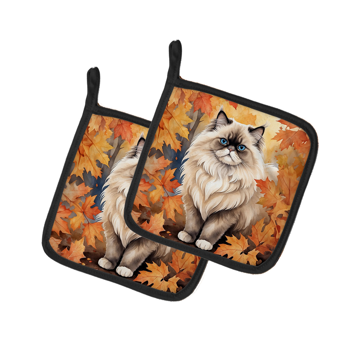 Caroline's Treasures Colorpoint Longhair Cat in Fall Leaves Pair of Pot Holders Kitchen Heat Resistant Pot Holders Sets