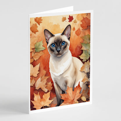 Caroline's Treasures Colorpoint Shorthair Cat in Fall Leaves Greeting Cards Pack of 8 Blank Cards with Envelopes