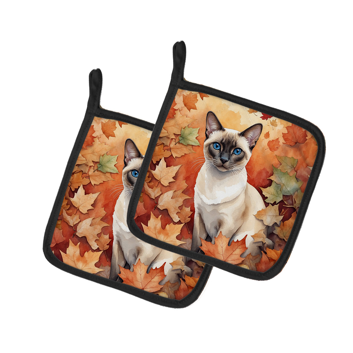 Caroline's Treasures Colorpoint Shorthair Cat in Fall Leaves Pair of Pot Holders Kitchen Heat Resistant Pot Holders